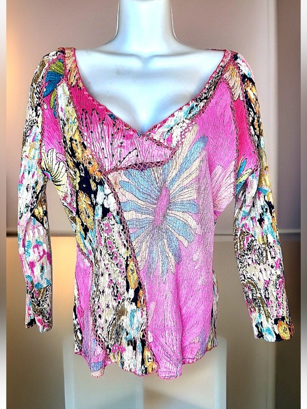 🌸ALBERTO MAKALI🌸 GEO CRINKLE SEQUIN CROCHET STRETCH PLUNGE NECK LONG SLEEVE TOP - Picture 3 of 16